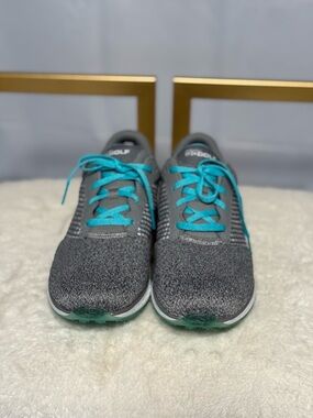 Skechers Women’s Gray Knit Sneakers with Teal Laces